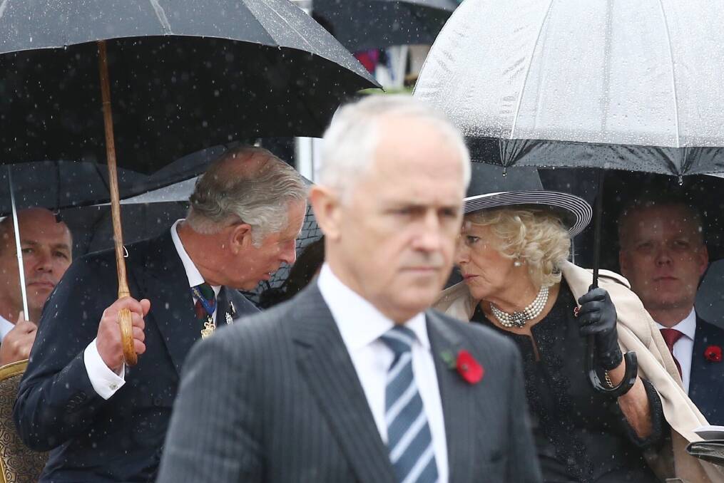 The Prince of Wales and the Duchess of Cornwall attend the Remembrance Day ceremony at the Australian War Memorial in Canberra with Prime Minister Malcolm Turnbull. Photo: Andrew Meares
