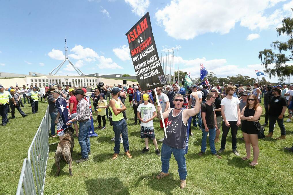 Reclaim Australia rally at the front of Parliament House in Canberra on Sunday 22 November 2015. Photo: Alex Ellinghausen