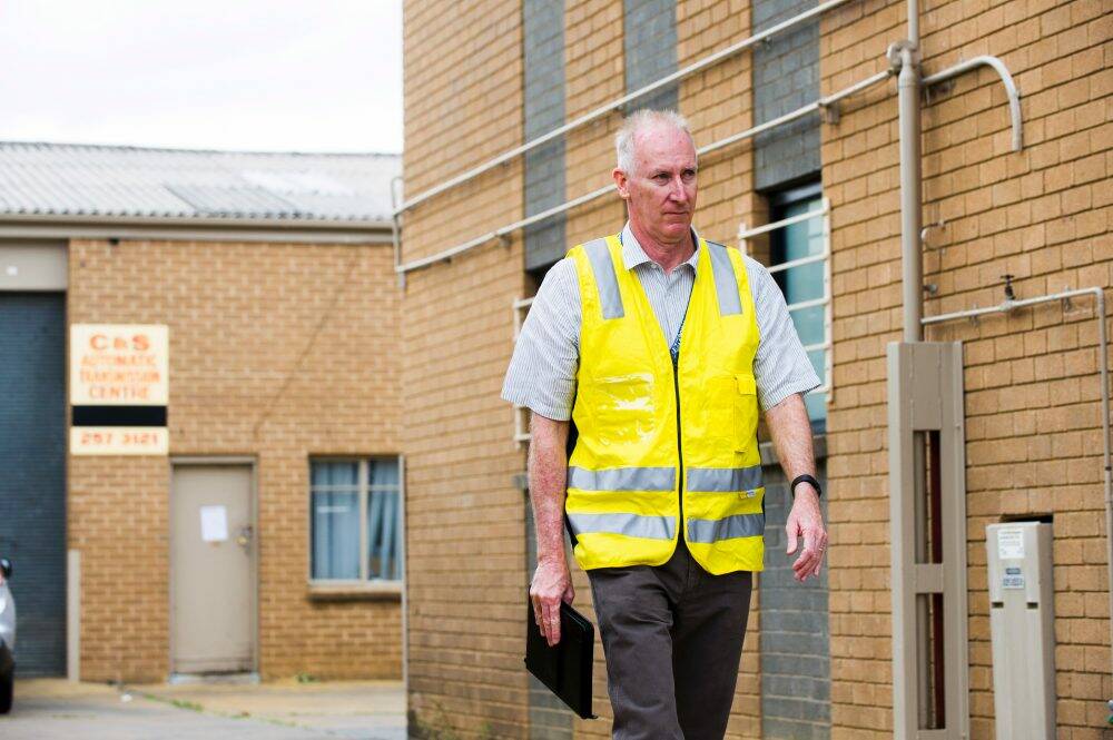Worksafe's Mark McCabe at a building on Wooley Street in Dickson Photo: Rohan Thomson