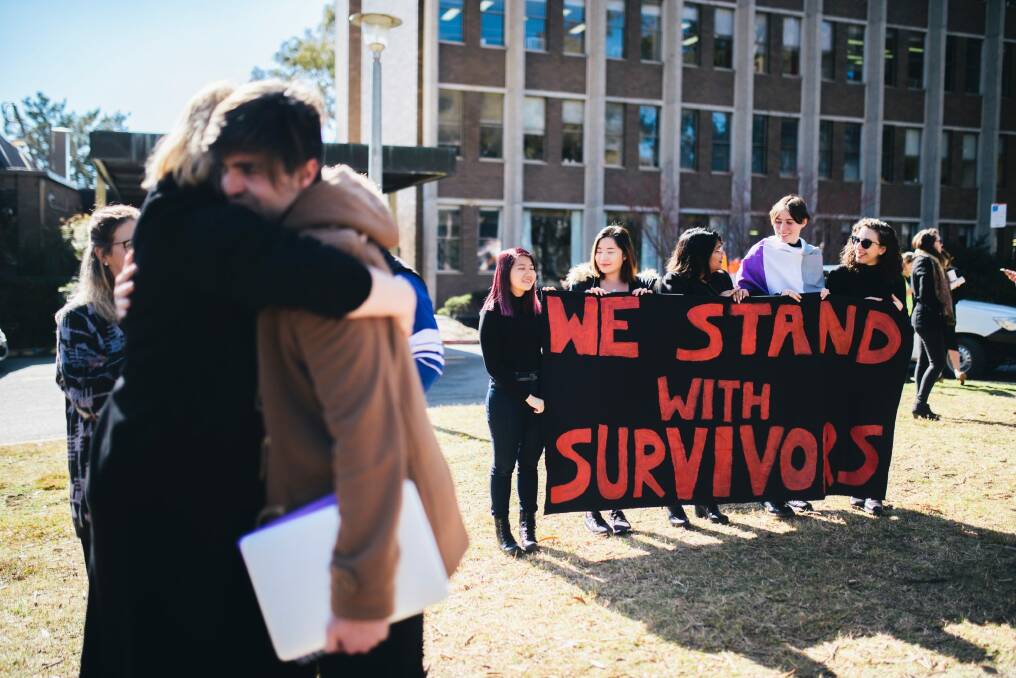 A protest  held at the ANU last year in response to a report into sexual harassment and assault at universities. Photo: Rohan Thomson
