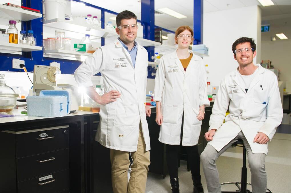 Team of researchers at ANU (l-r) Associate Professor Colin Jackson, Eleanor Campbell and Galen Correy just completed a groundbreaking study into how enzymes can be made. Photo: Jay Cronan