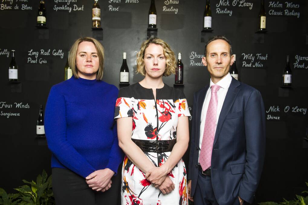 Chief operating officer of The Tradies Canberra Alison Percival, Labor candidate Alicia Payne, and Labor member for Fenner Andrew Leigh want to keep penalty rates despite national push from Clubs Australia to get rid of them.  Photo: Dion Georgopoulos