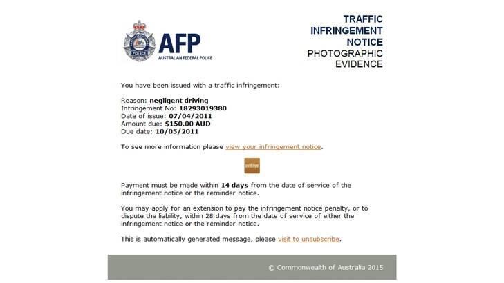 An email scam that appears to be an AFP traffic infringement notice. Photo: Supplied