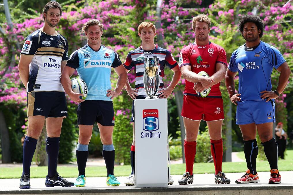 Sam Carter (Brumbies), Michael Hooper (Waratahs), Nic Stirzaker (Rebels), James Slipper (Reds) and Tatafu Polota-Nau (Force) at the launch of the 2017 Super Rugby season in Brisbane on Monday. Photo: Getty Images