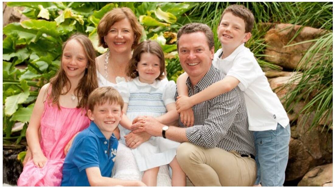 Carolyn and Christopher Pyne with their four children (from left) Eleanor, Barnaby, Aurelia and Felix, in 2012. Photo: Supplied