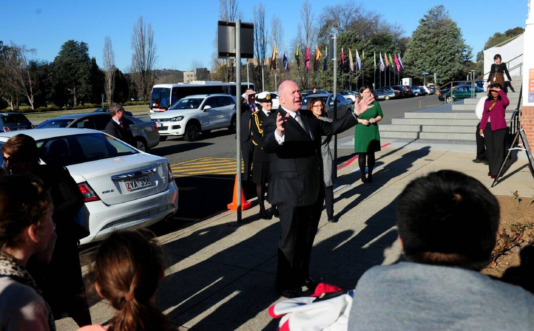 Governor-General Sir Peter Cosgrove officially opened <i>Crisis 1914! The Call to Arms</i> at Old Parliament House, Canberra and was greeted by St Kieran's, Manly Vale, schoolchildren after the event. Photo: Melissa Adams