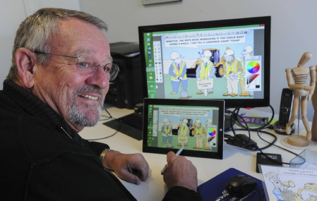 Former ACT treasurer Ted Quinlan at his Deakin home, working on his computer assisted cartooning skills. Photo: Graham Tidy