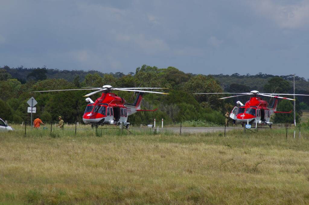 Seriously injured passengers air lifted from the scene Photo: Darryl Fernance, Goulburn Post.