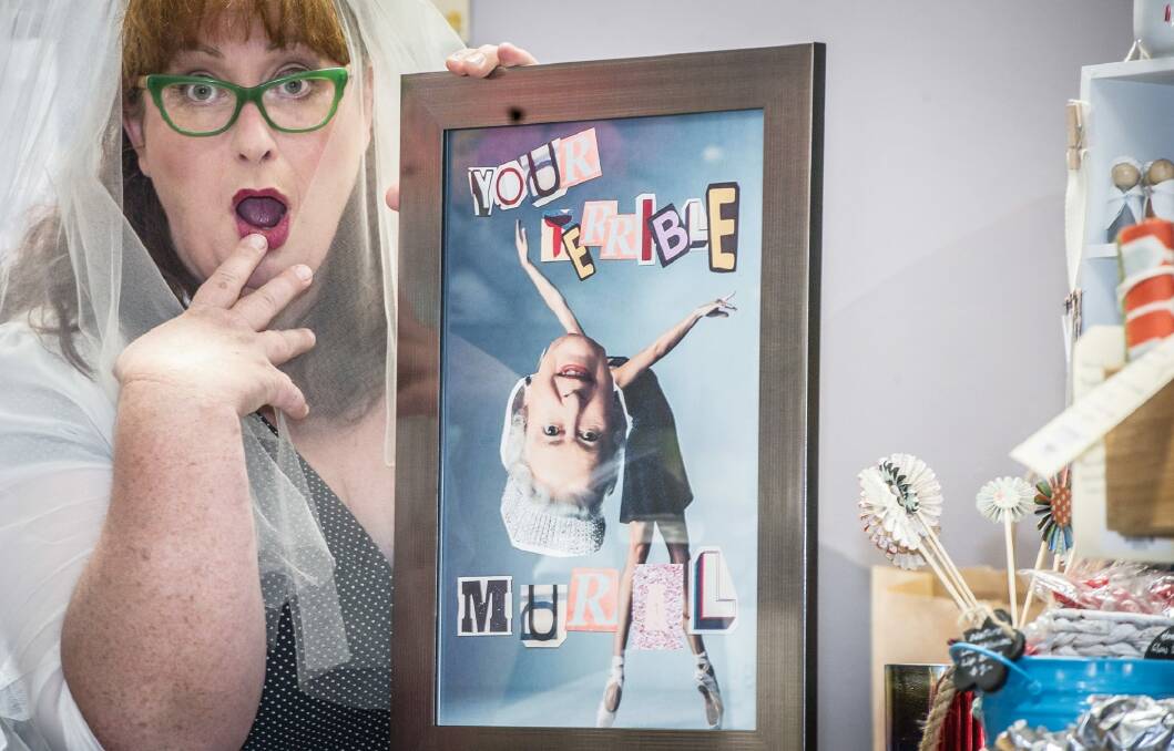Canberra's own iconic actress Gabby Millgate (of Muriel's Wedding fame) has created the "You're Terrible Mural" products, puns that will appear on tea-towels and mugs. They will be stocked at The Markets Wanniassa. Photo: Karleen Minney