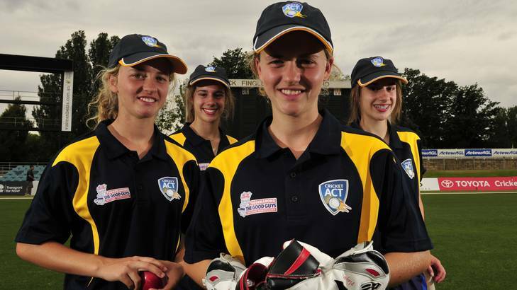 Seeing double ... Grace McDonald, Sarah Lennon, Naomi McDonald and Kate Lennon are two pairs of identical twins and all will play for the ACT under-13s side. Photo: Jay Cronan