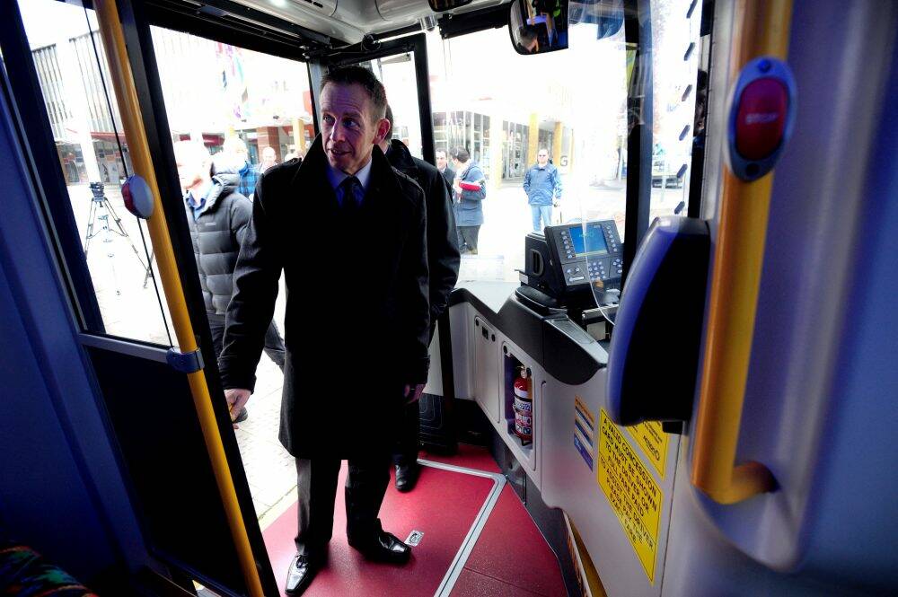 Minister for Territory and Municipal Services Shane Rattenbury launches ACTION's new, greener Scania buses. Photo: Karleen Minney