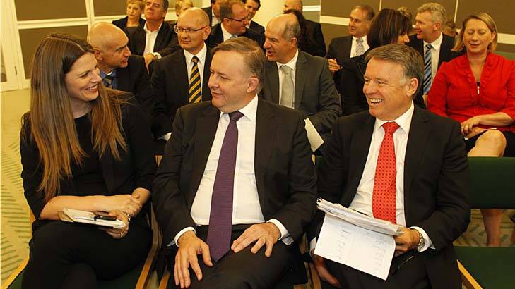 Anthony Albanese, with colleagues Kate Ellis and Joel Fitzgibbon, at Monday's caucus meeting. Photo: Andrew Meares