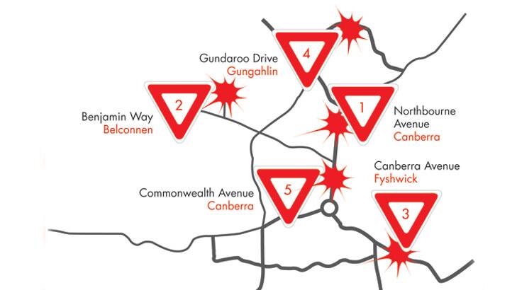 Canberra's accident hot spots. <em> Image: AAMI </em>