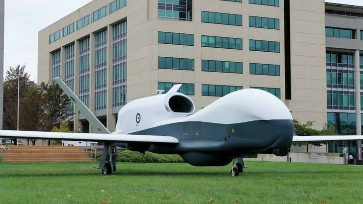 A drone outside the Department of Defence headquarters in Russell. Photo: Anthony Croke