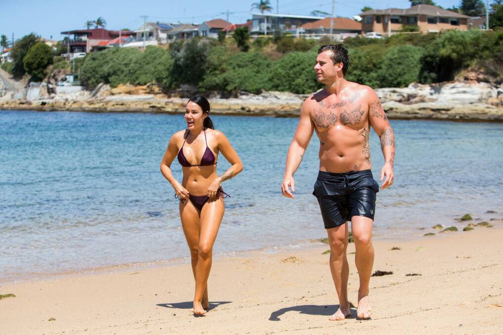 Married at First Sight's Davina Rankin and Ryan Gallagher at the beach during his home stay. They also visited his parents' farm at Goulburn. Photo: Channel Nine
