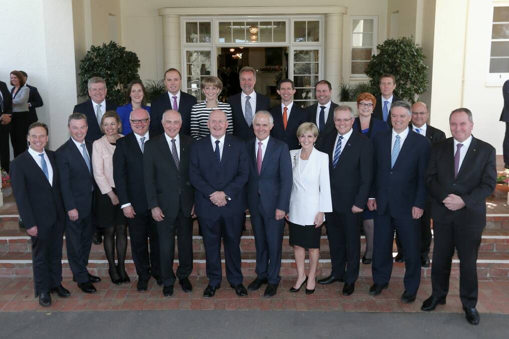 The portfolio of Christopher Pyne (front, second from left), Defence Industry, is a key engine room for the Prime Minister's innovation agenda. Photo: Alex Ellinghausen