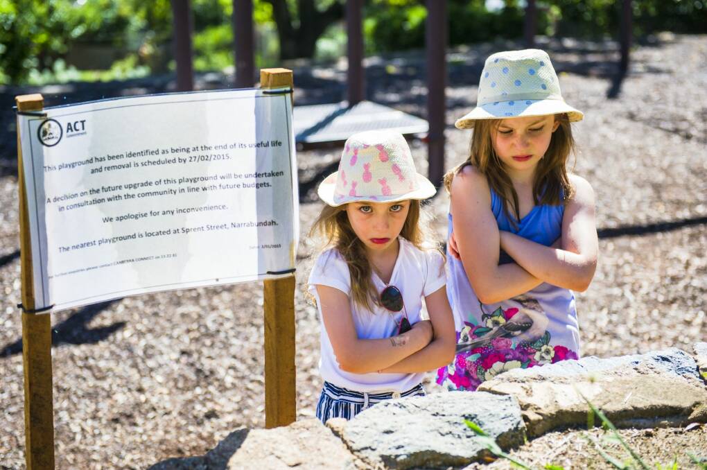 The ACT government has decided to repair rather than close a playground in Narranbundah meaning children like sisters Olivia and Sophia Baker can keep playing there.  Photo: Jamila Toderas
