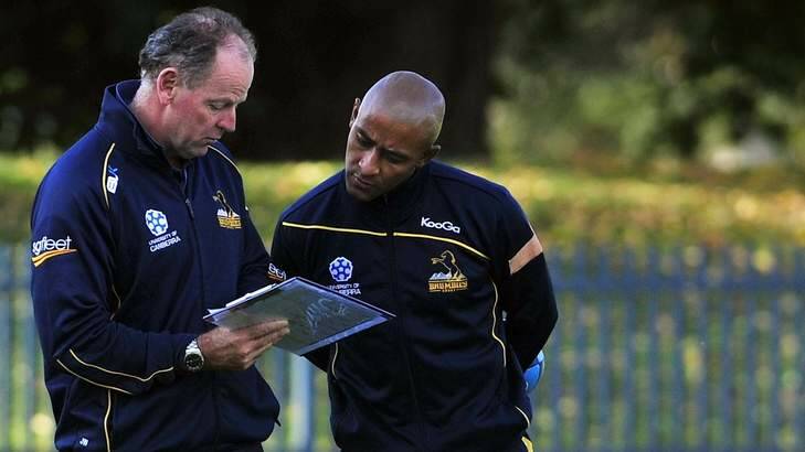 George Gregan, right, with Brumbies coach Jake White. Photo: Jeffrey Chan