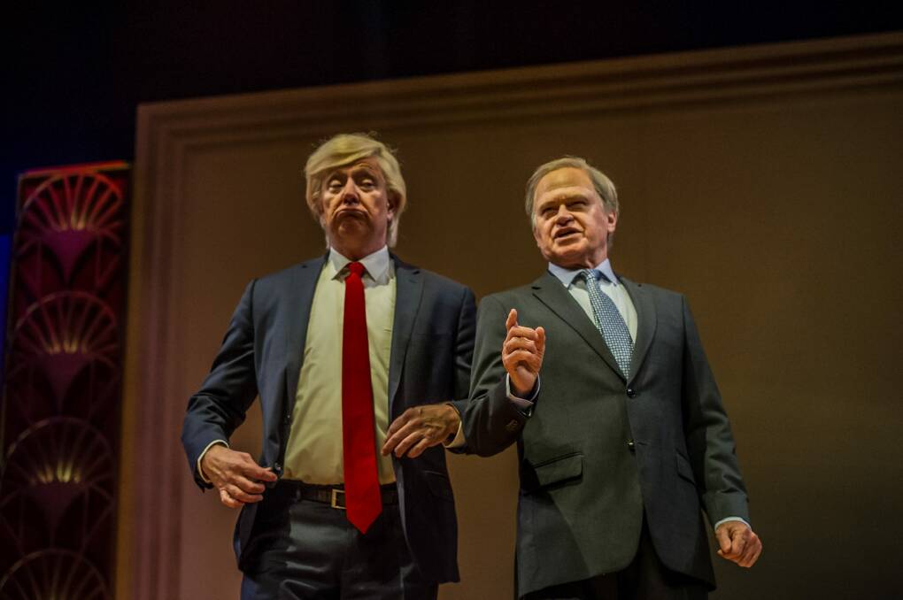 Fine romance: Jonathan Biggins (left) as Donald Trump and Drew Forsythe as Vladimir Putin  lend an ominous tone to the song <i>Let's Face the Music and Dance</i>. Photo: Karleen Minney