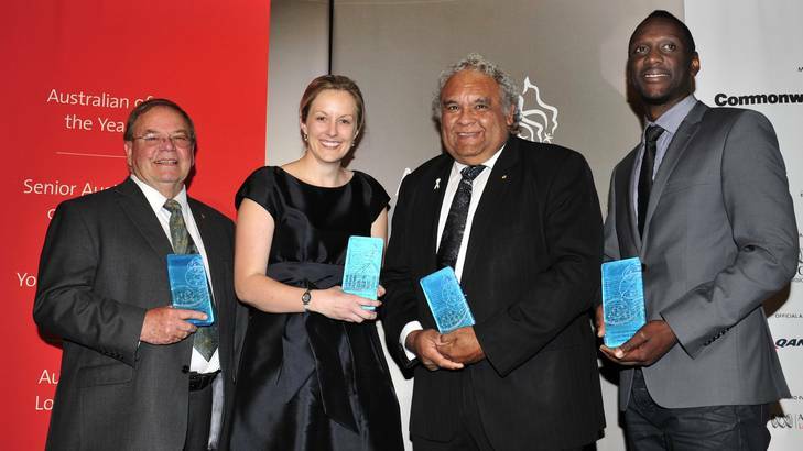 ACT Australian of the year winners: agricultural scientist Dr Jim Peacock, women's advocate Julie McKay, ACT Australian of the year social justice campaigner Dr Tom Calma and  dancer and mentor Francis Owusu. Photo: Melissa Adams
