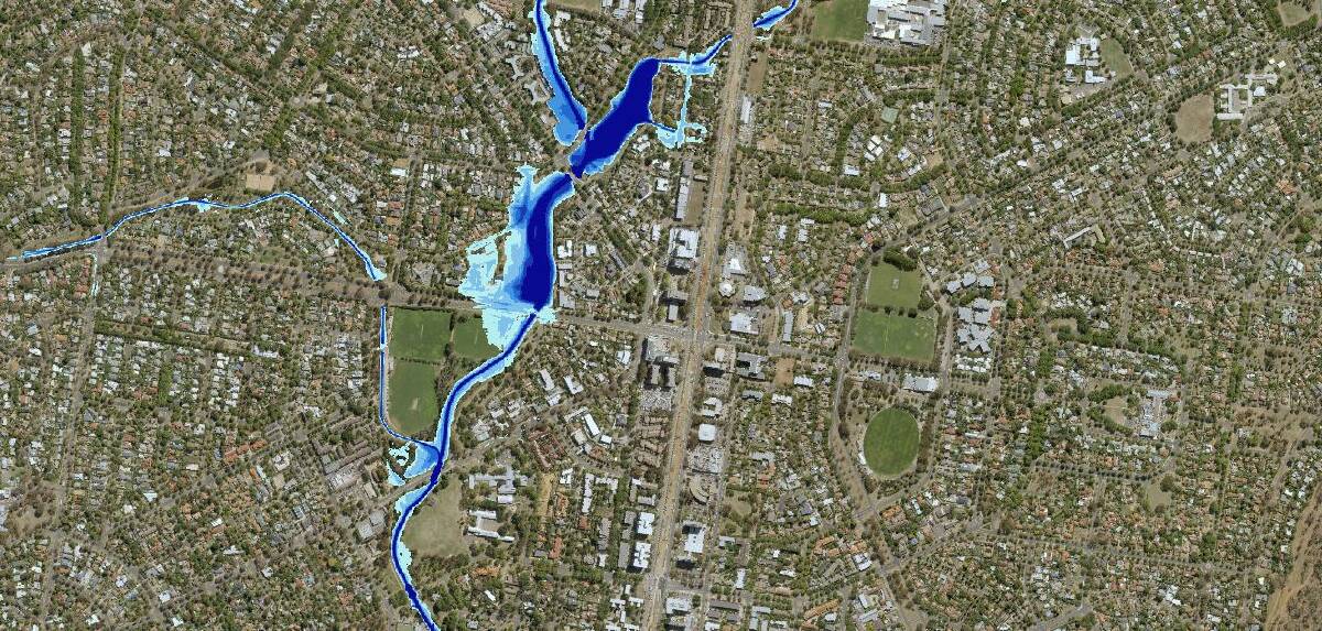 The new flood map showing the extent of a one-in-100-year flood in O'Connor and Lyneham, including across Macarthur Avenue. Photo: ACTMapi