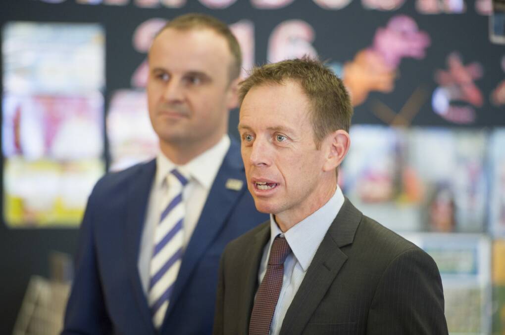 Chief Minister Andrew Barr and Greens leader Shane Rattenbury, pictured in May. Photo: Jay Cronan