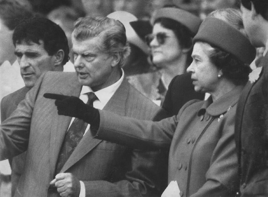 Bart Cummings and Queen Elizabeth II in the stands before the Queen Elizabeth Stakes in Canberra. The race was won by Cummings' horse, Beau Zam, on May 8, 1988. Photo: Bruce Miller