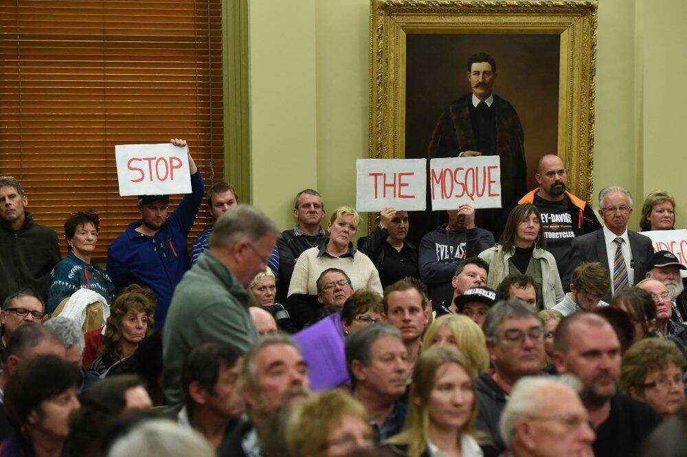 Police were called in to maintain order amid protests against the proposed mosque at a Bendigo council meeting in June. Photo: Jim Aldersey