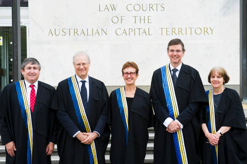 The ACT Supreme Court justices, from left, John Burns, Richard Refshauge, Helen Murrell,  Associate Justice David Mossop, and Hilary Penfold. Considerable effort has been put into reducing delays in the ACT Supreme Court. Photo: Rohan Thomson