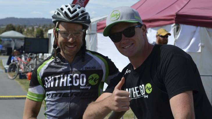 Champion mountain biker Jason English with Canberra entrepreneur Mick Spencer.? Photo: Supplied