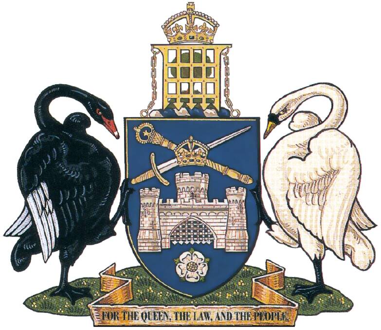 Canberra city's coat of arms includes mediaeval imagery, while the black and white swans holding its shield represents Indigenous people and white Europeans. Photo: Supplied