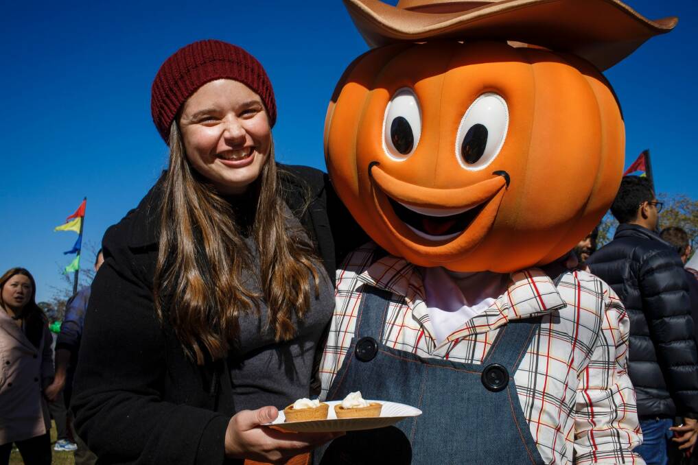 Aliesha Lavers with Pumpkin Joe at the Collector Pumpkin Festival. Photo: Sitthixay Ditthavong