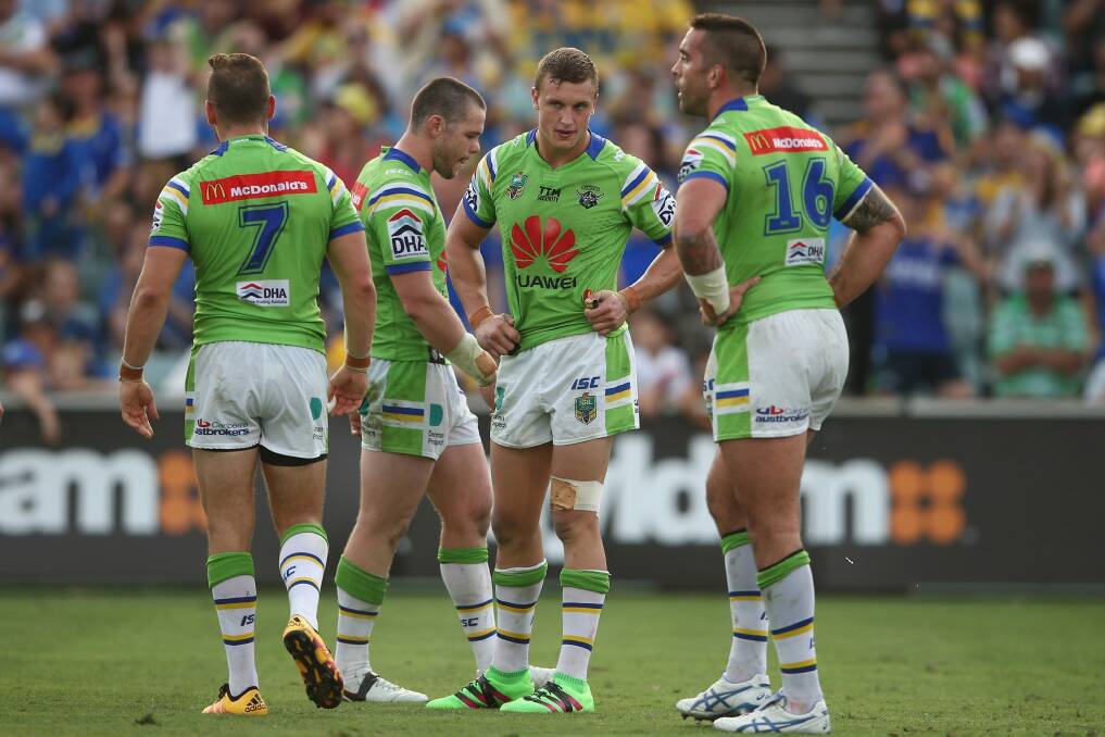 Aidan Sezer, Shaun Fensom, Jack Wighton and Paul Vaughan of the Raiders look dejected after a try against Parramatta on the weekend. Photo: Mark Kolbe
