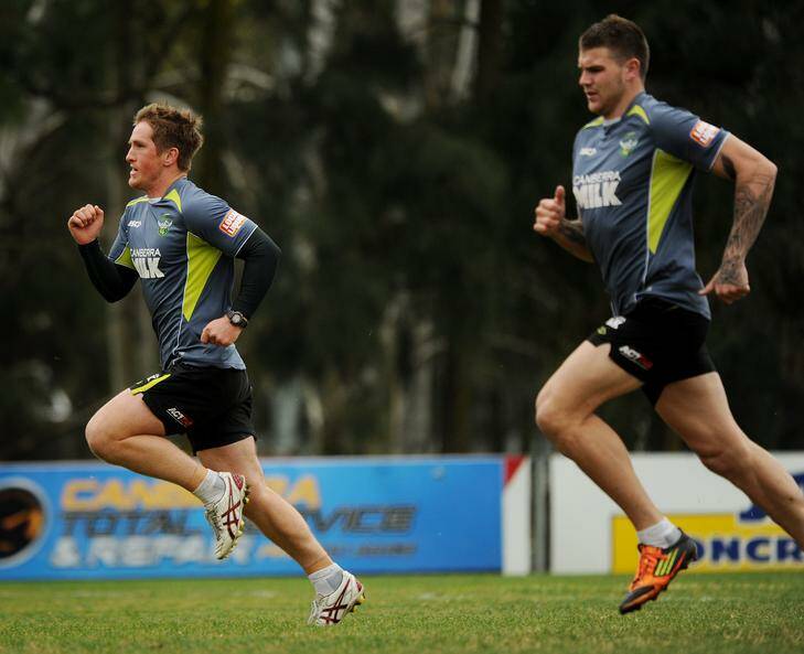Canberra Raiders training at West Belconnen Leagues club yesterday morning - Josh McCrone and Josh Dugan. Photo: Colleen Petch
