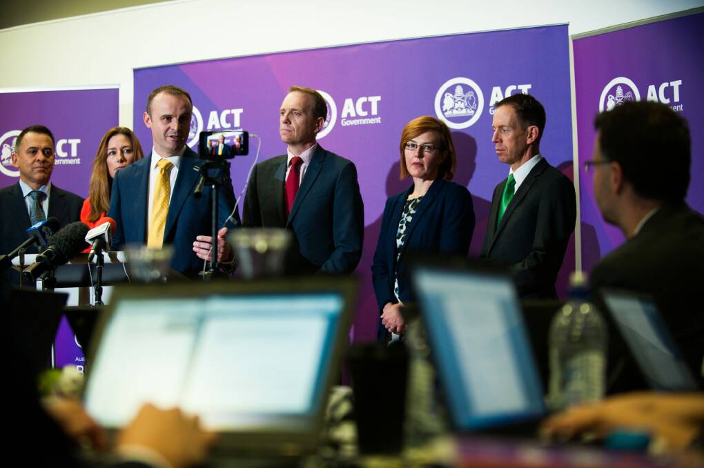 Chief Minister Andrew Barr, with his ministerial team, outline details of the budget. Photo: Elesa Kurtz