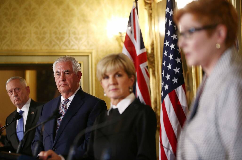 Trump cabinet members Jim Mattis and Rex Tillerson with Foreign Affairs Julie Bishop and Defence Minister Marise Payne.  Photo: Mark Metcalfe
