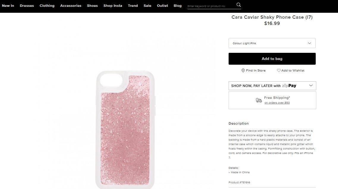 Forever New is still selling phone cases that are filled with glitter and liquid. Photo: forevernew.com.au