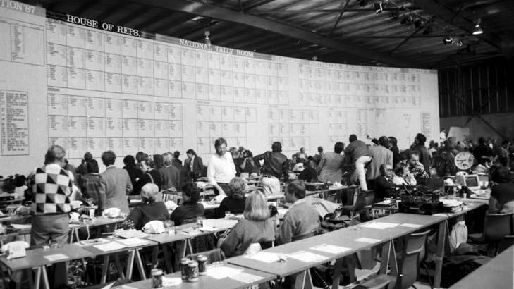Flashback ... Canberra's national tally room during the federal election in 1987. Photo: David Bartho