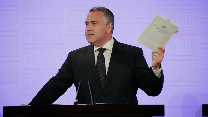 Treasurer Joe Hockey delivers the Mid-Year Economic and Fiscal Outlook at the National Press Club. Photo: Alex Ellinghausen