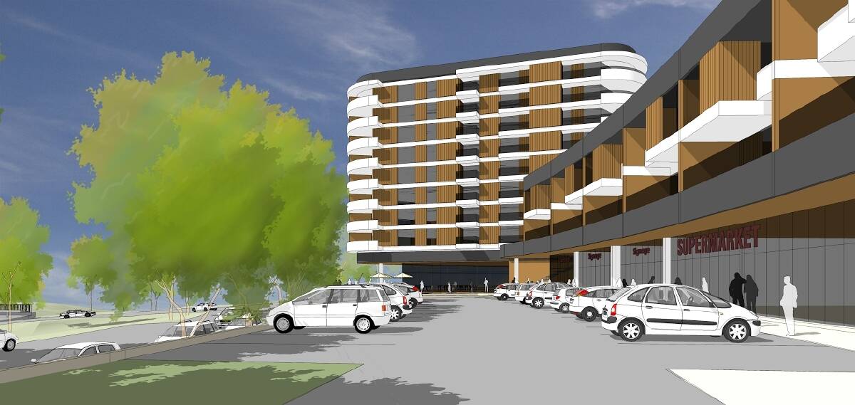 Initial concept drawings for the Denman Prospect shops including terrace-style apartments above the retail space and an apartment block, shown here with eight storeys but which the developer says will be five to six storeys. Photo: Supplied