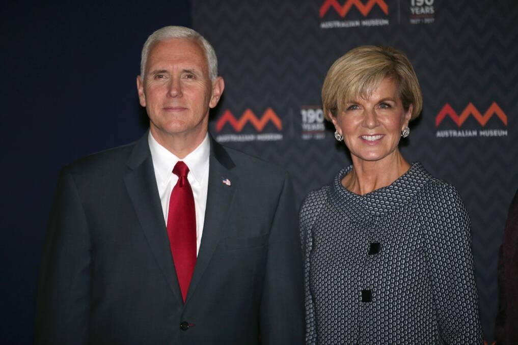 Foreign Minister Julie Bishop with US Vice President Mike Pence during his recent visit to Australia. Photo: David Moir