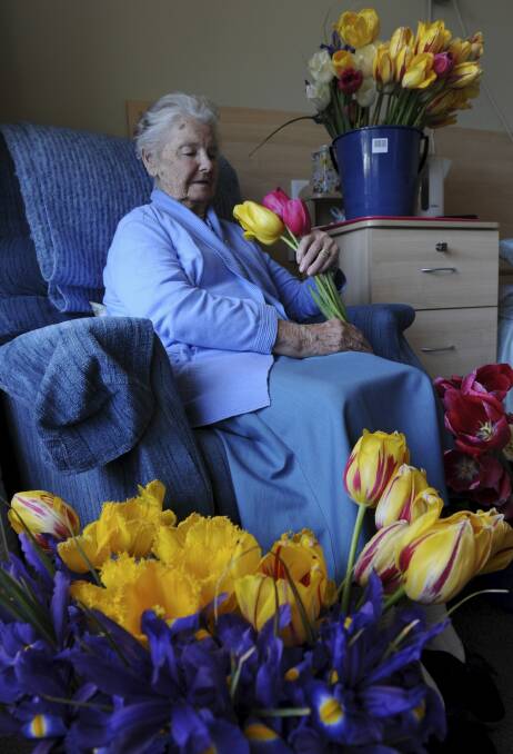 A resident of the Calvary
Retirement Community at Bruce, 88-year-old Violet Howes, is surrounded by tulips. Photo: Graham Tidy