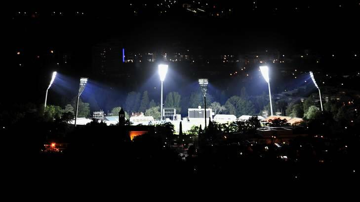 The lights at Manuka oval are turned on for the first time. Photo: Melissa Adams