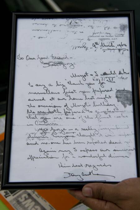 The letter written in 1968 by then Primary Industry Minister Doug Anthony to George Thaung. It was a cherished memento, albeit in water-damaged when the Thaungs' home was flooded in 1971. Photo: Fairfax Media