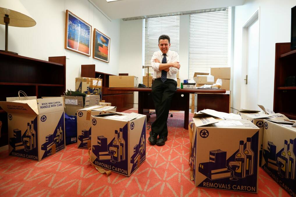 Nick Xenophon packing boxes in his office at Parliament House.  Photo: Alex Ellinghausen