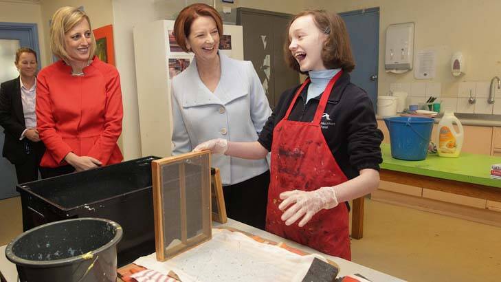 Back to school ... Julia Gillard visited Black Mountain School with Katy Gallagher. Photo: Alex Ellinghausen