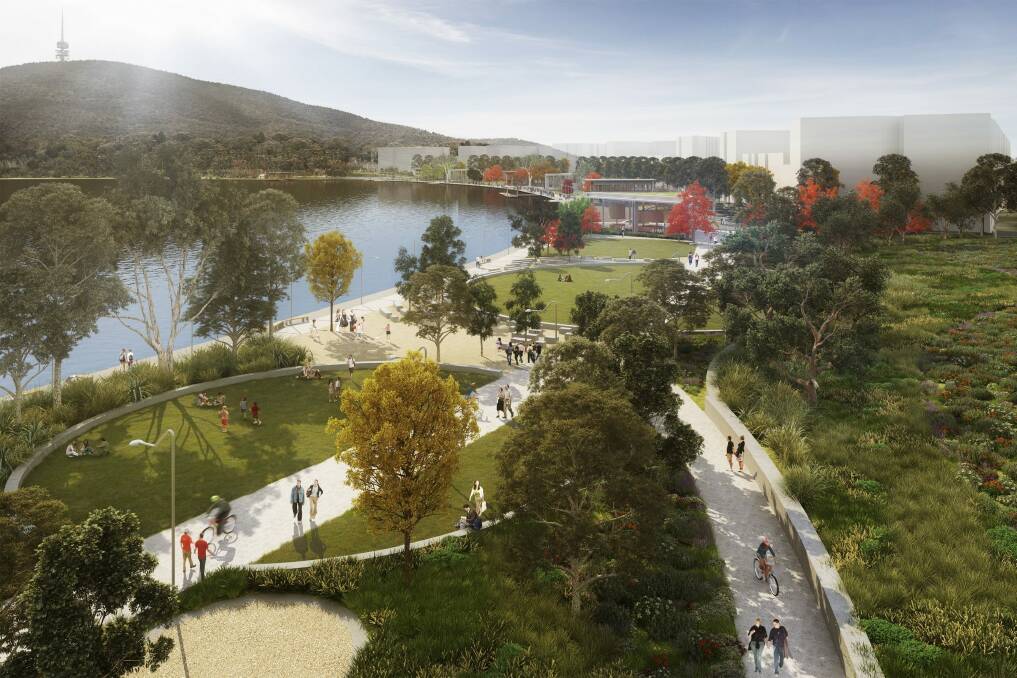 An artist's impression of the park to be developed as the first stage of the ACT government's City to the Lake development at West Basin. Photo: ACT government