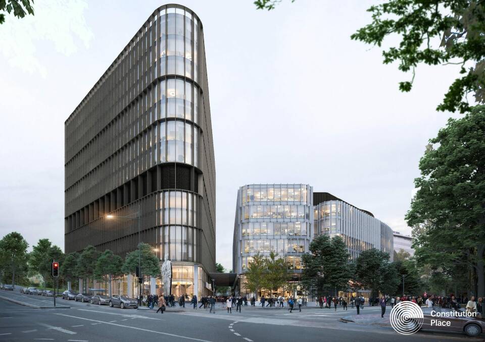The design for the proposed new building on the corner of Constitution Avenue and London Circuit, with the new building closer to the ACT parliament at right. The open-air carpark closes to the public on Monday for construction. Photo: Supplied