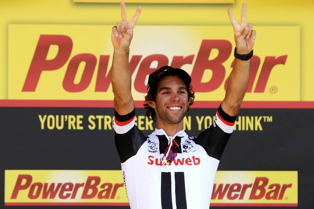 Michael Matthews riding for Team Sunweb celebrates on the podium after winning stage 16 of the 2017 Le Tour de France. Photo: Chris Graythen