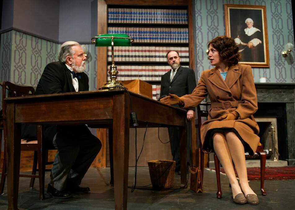 Pat Gallagher (left) as Sir Wilfrid Robarts, Jerry Hearn as John Mayhew and Emma Wood as Romaine Vole star in Agatha Christie's <i>Witness for the Prosecution</I>. Photo: Elesa Kurtz